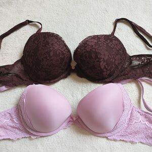 Victoria's Secret Dream Angels Push Up Bra 32D Brown Pink Lace Lot Of 2